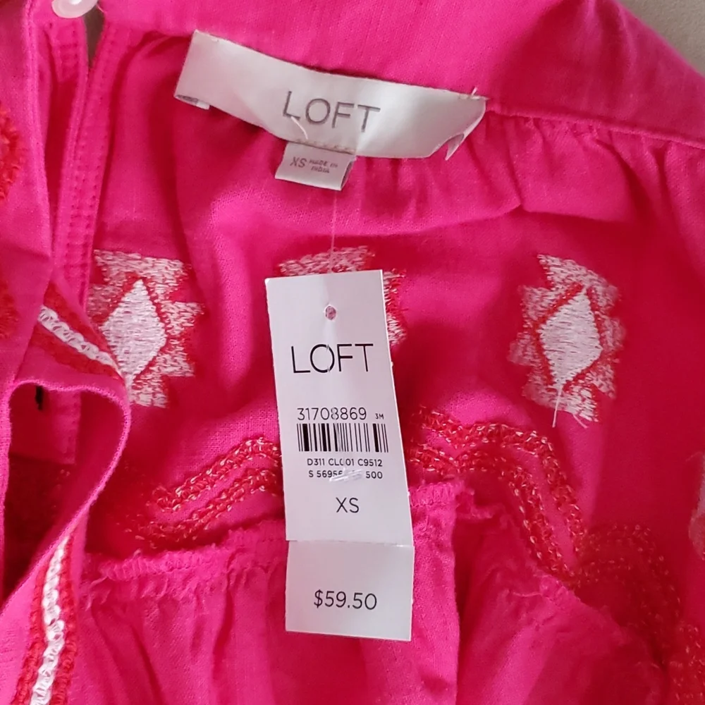 Ann Taylor LOFT Pink Linen Blend Embroidered Boho Tank Top Women XS Runs Big - Picture 8 of 12